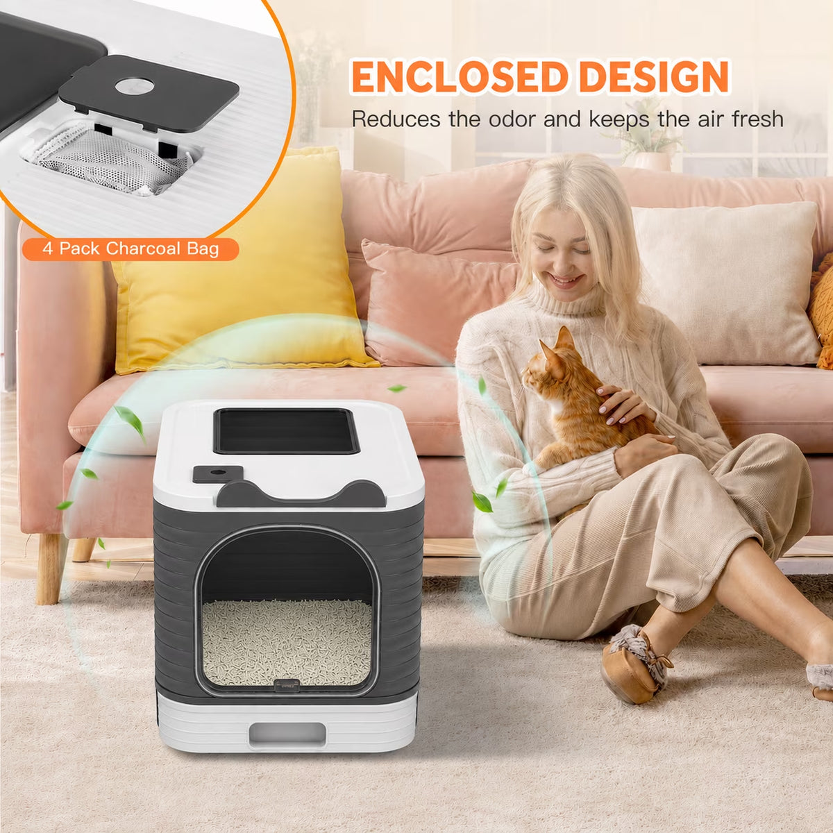 Enclosed Cat Litter Box with Lid, Easy to Clean with Includes Scoop & 4 Charcoal Deodorizer Bags