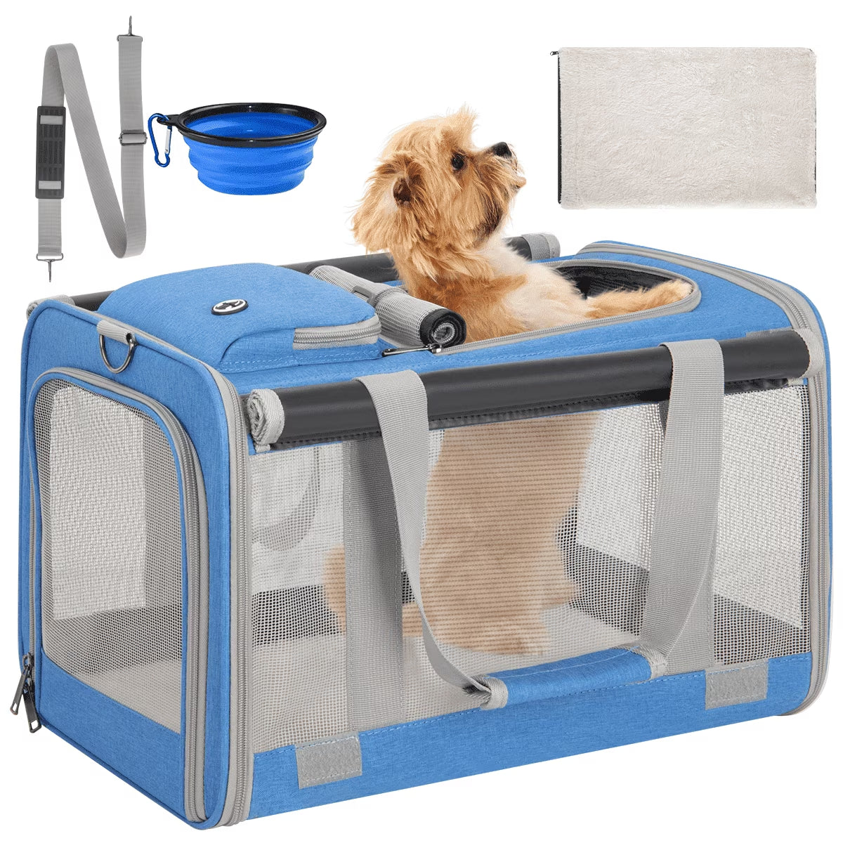 Cat Carriers for Medium Cats under 25 Lbs, Pet Carrier for Cats Dog with Top Bag/Fodable Bowl/Washable Pad, Soft-Sided Escape Proof with 4 Ventilated Windows, Blue