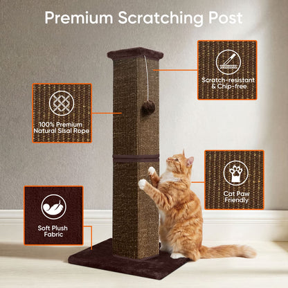32" Tall Cat Scratching Post for Large Indoor Cats & Kittens, Cat Scratcher with Extra Large Stable Base and Natural Sisal, Sturdy Cat Scratch Post to Protect Furniture & Couch, Full Brown