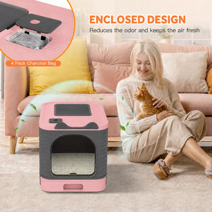Enclosed Cat Litter Box with Lid, Easy to Clean with Includes Scoop & 4 Charcoal Deodorizer Bags,Pink