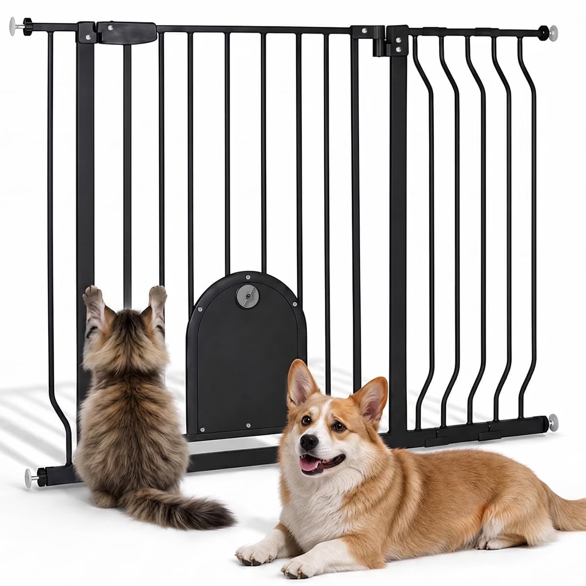 Pet Gate with Cat Door, 29.5"-43.7" Wide Dog Gate for Stairs & Doorways, Pressure Mounted, Black