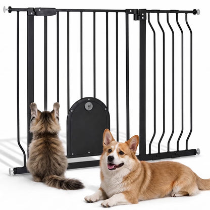 Pet Gate with Cat Door, 29.5"-43.7" Wide Dog Gate for Stairs & Doorways, Pressure Mounted, Black