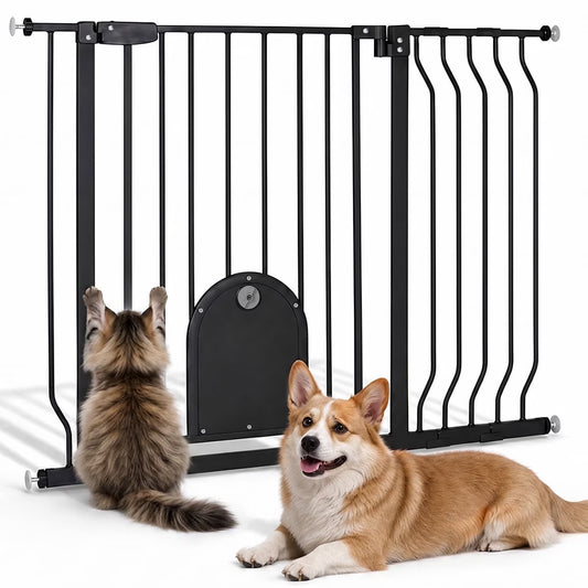 Pet Gate with Cat Door, 29.5"-43.7" Wide Dog Gate for Stairs & Doorways, Pressure Mounted, Black