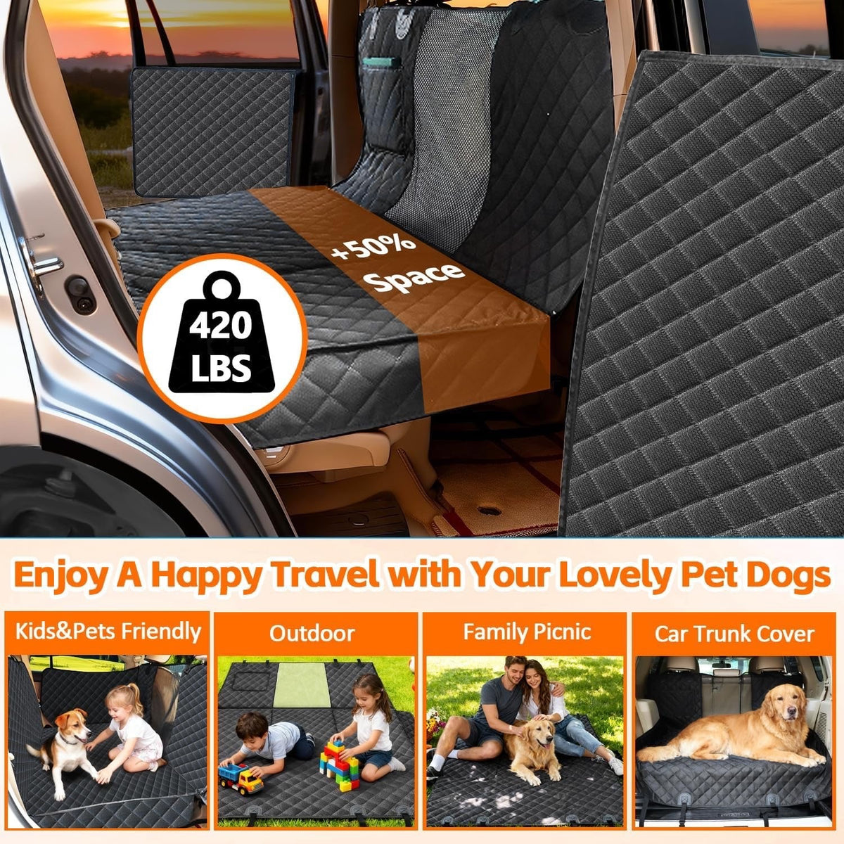 Back Seat Extender for Dogs, 68" X 52" Hard Bottom Waterproof Cover, Black