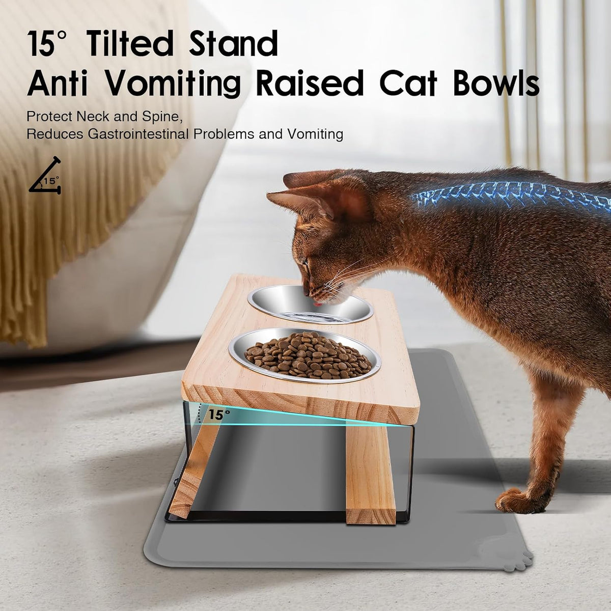Elevated Cat Bowls with Food Mat, 15° Tilted anti Vomiting Raised Cat Feeder for Indoor Cats and Puppy, 2 Stainless Steel Bowls for Food and Water