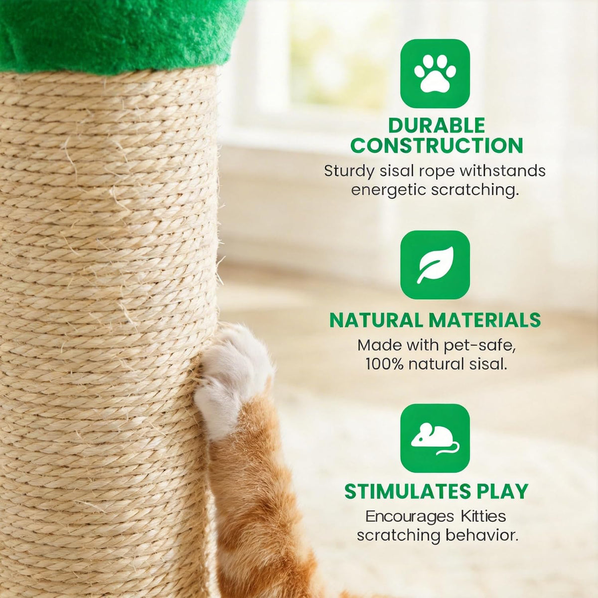 Cat Scratching Post 22'', Scratching Post with Extra Wide 12" Heavy Duty Base for Indoor Kitty, Scratching Post with Natural Sisal & Velvet Fabric for Small, Medium Cat, Green
