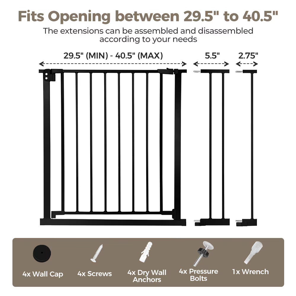Baby Safety Gate, Dog Gates for Top Stairs Doorway, 29.5''- 40.5''Wide Pressure Mount, Black