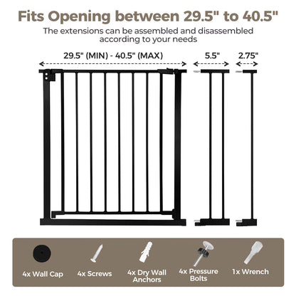 Baby Safety Gate, Dog Gates for Top Stairs Doorway, 29.5''- 40.5''Wide Pressure Mount, Black