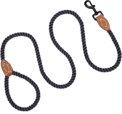 Dog Leash Braided Cotton Rope with Leather-Reinforced Ends