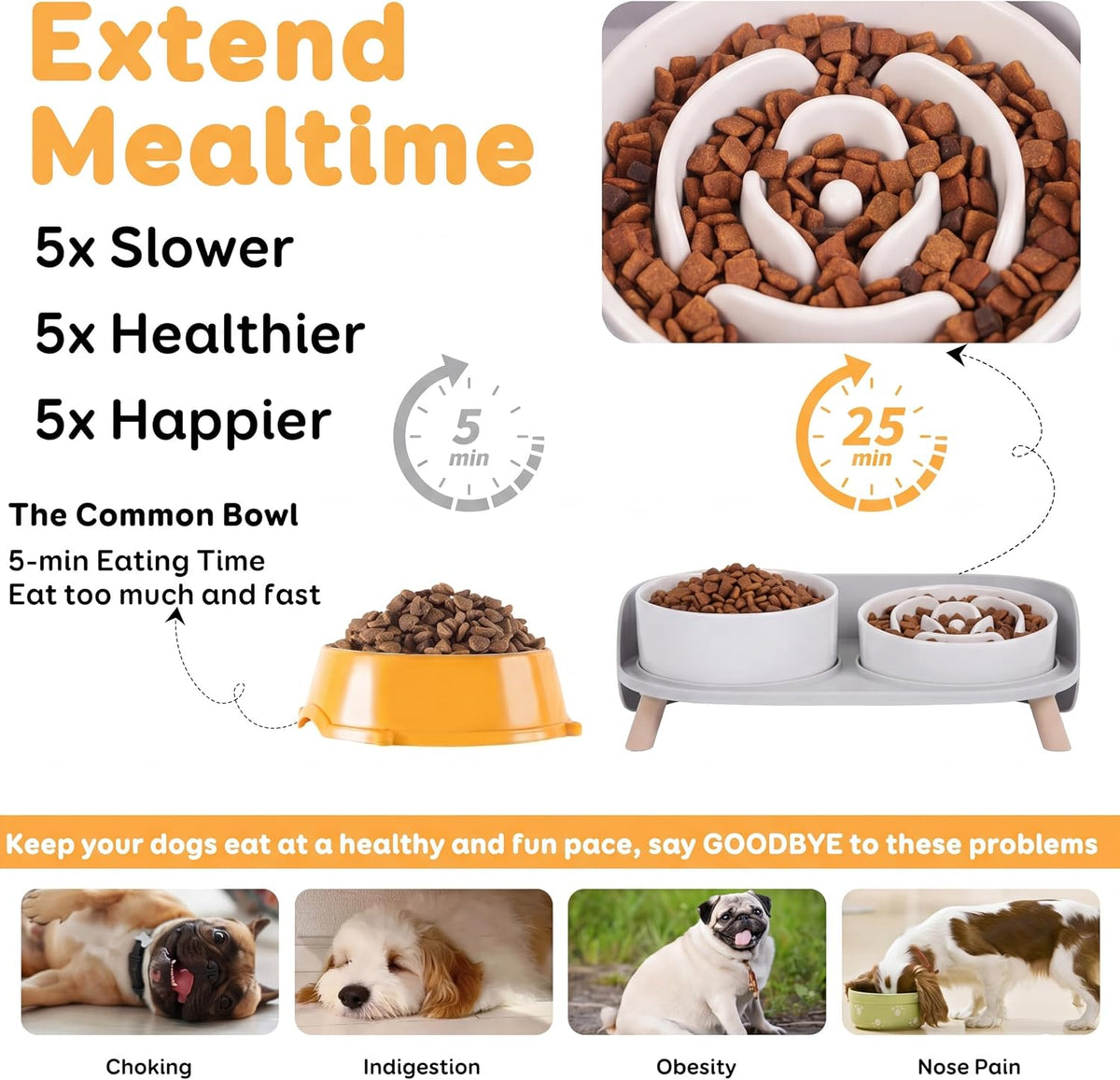 Elevated Slow Feeder Dog Bowls with Splash Proof Stand, Slow Eating 5X