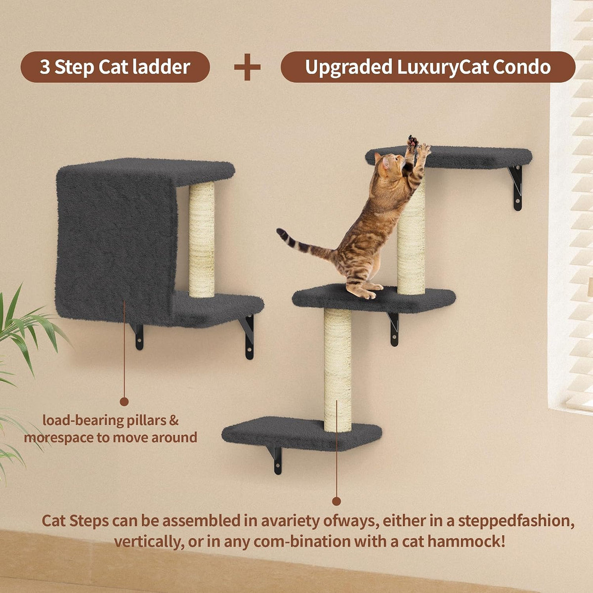 Cat Wall Shelves for Large Cats, Stable & Safe Kitty Walls Furniture Set for 40LBS Cats with Wooden Cat Climber,House, Bridge, Tree, Steps, and Scratcher for 16 Inch Drywall (Black, 6-In-1)
