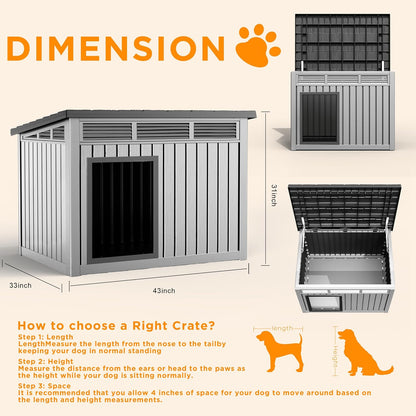 Dog House, Weatherproof Resin Outdoor Dog House for Large Dogs, Sloped Openable Roof, Air-Rod Support & Fixed Louvered Structure, Spacious Interior Easy Assembly Pet Shelter Indoor Outdoor（Grey）