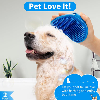 3-In-1 Dog Grooming Brush | Adjustable Handle Shampoo Brush & Scrubber for Short & Long Haired Dogs & Cats (Blue Blue White)