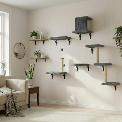 Cat Wall Shelves for Large Cats, Stable & Safe Kitty Walls Furniture Set for 40LBS Cats with Wooden Cat Climber,House, Bridge, Tree, Steps, and Scratcher for 16 Inch Drywall (Black, 6-In-1)