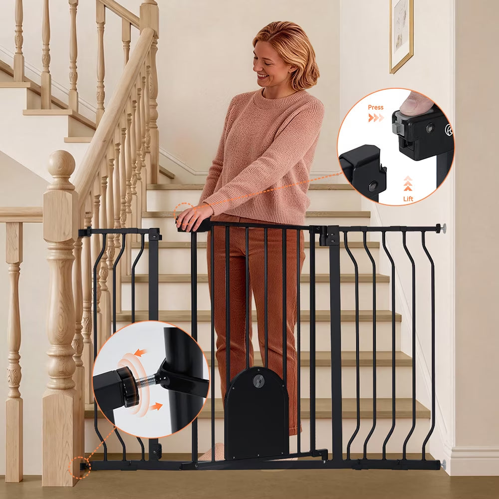 Pet Gate with Cat Door, 29.5"-43.7" Wide Dog Gate for Stairs & Doorways, Pressure Mounted, Black