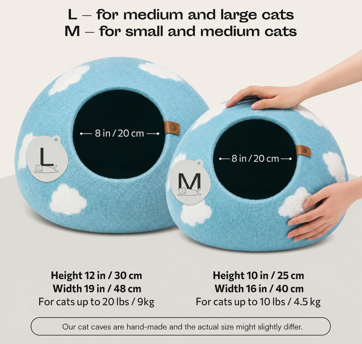 Cat Cave - Merino Wool Bed for Indoor Cats (Cloud Nap Blue, Medium)