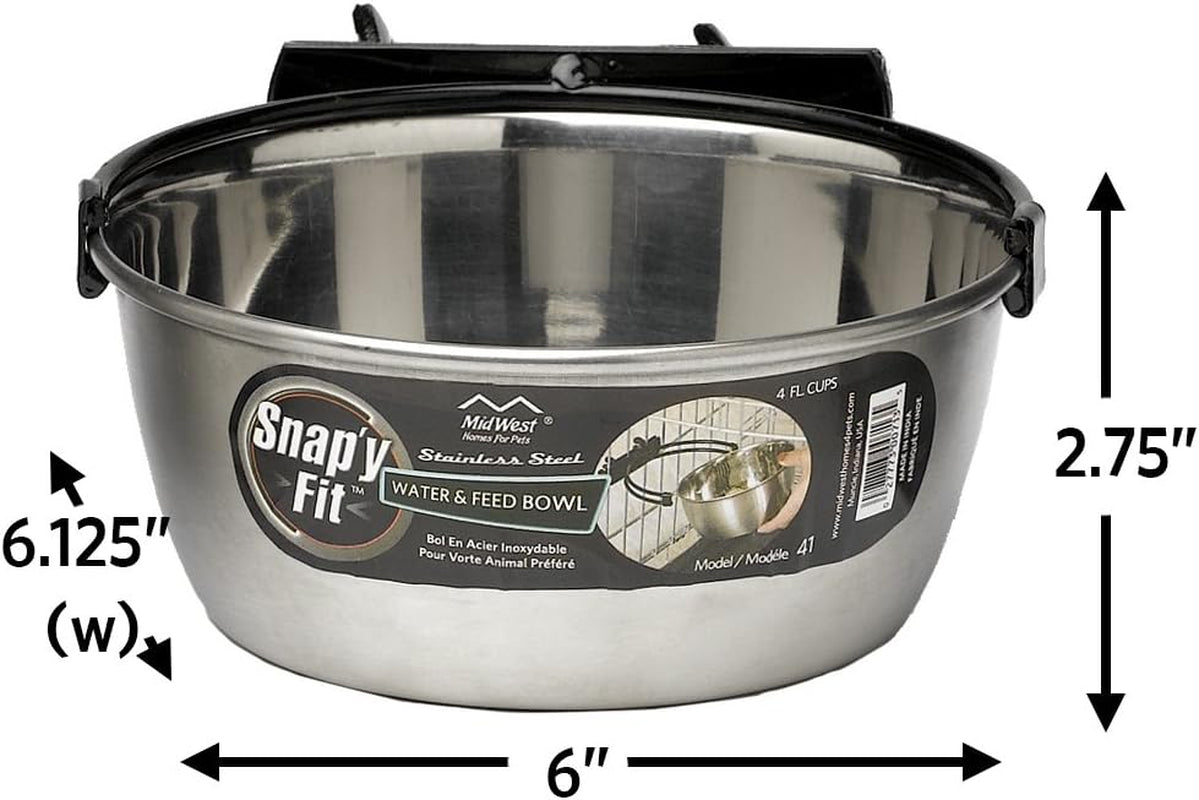 Snap'Y Fit Stainless Steel Food or Water Bowl, Holds 1 Quart, Mounts to Wire Crates, No-Tip Design, Rust-Resistant, for Dogs and Cats