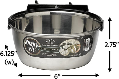 Snap'Y Fit Stainless Steel Food or Water Bowl, Holds 1 Quart, Mounts to Wire Crates, No-Tip Design, Rust-Resistant, for Dogs and Cats