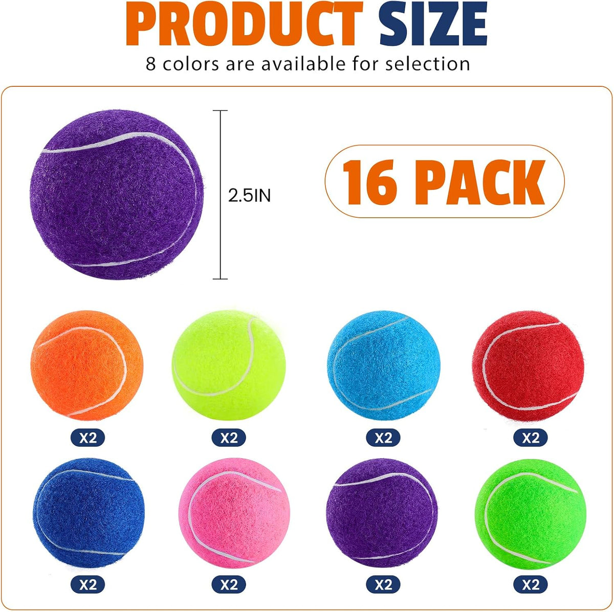 Colorful Tennis Balls for Dogs, 2.5 Inches, 16 Pack, Non Squeaky