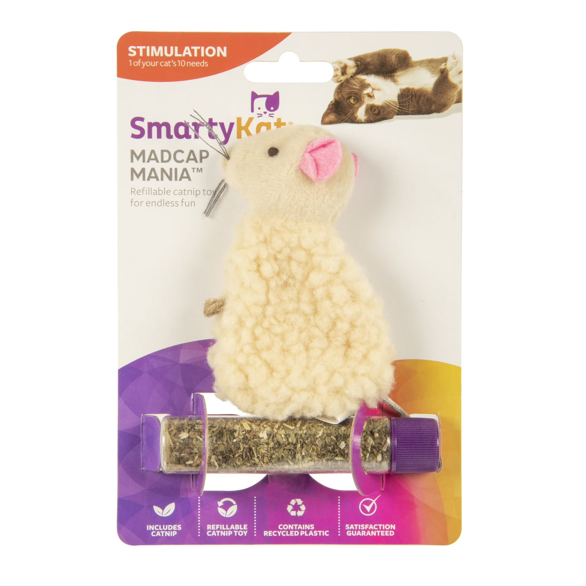 (4 Pack)  Madcap Mania Mouse, Soft Plush Catnip Cat Toy with String Tail, with Pure & Potent Catnip, Refillable & Durable