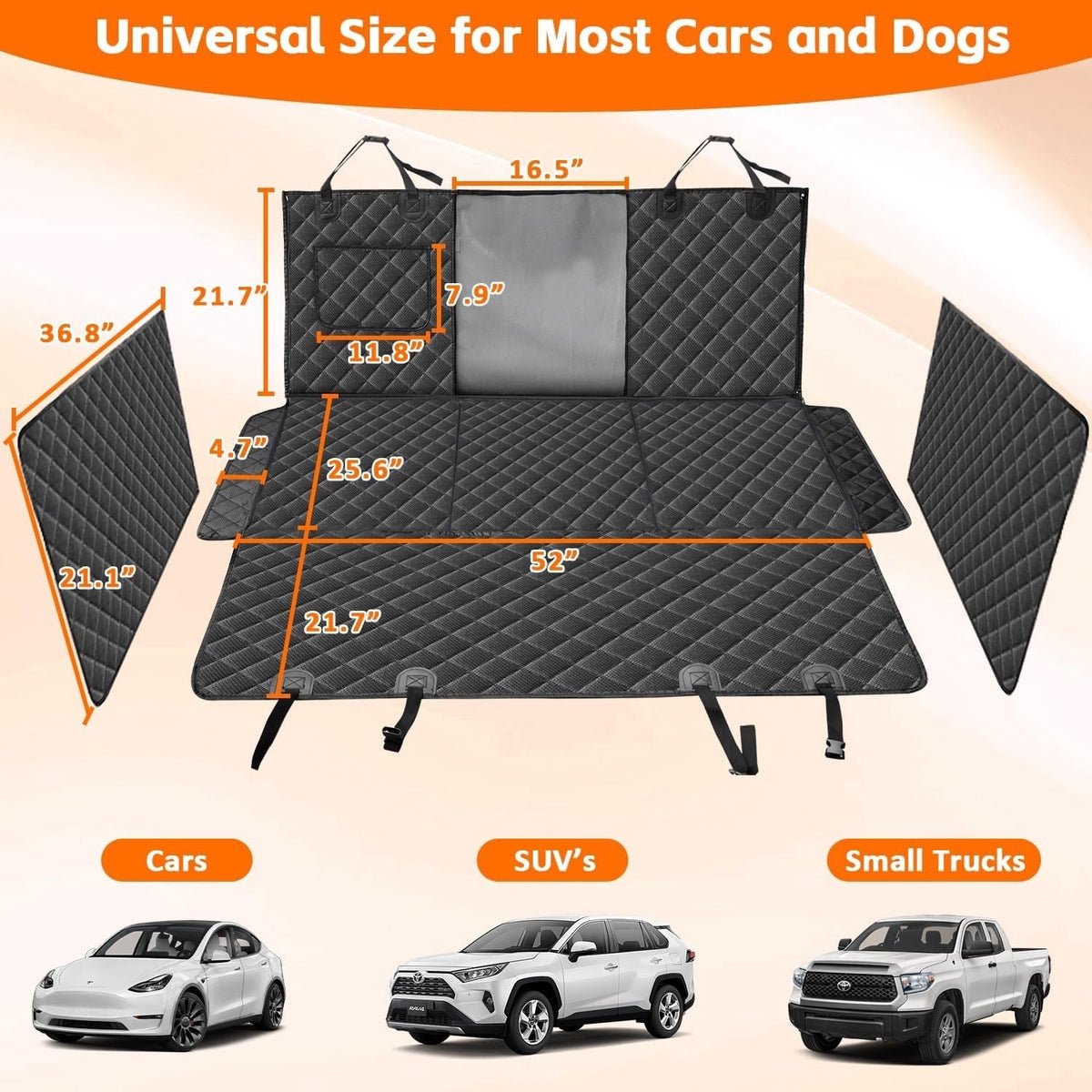 Back Seat Extender for Dogs, 68" X 52" Hard Bottom Waterproof Cover, Black