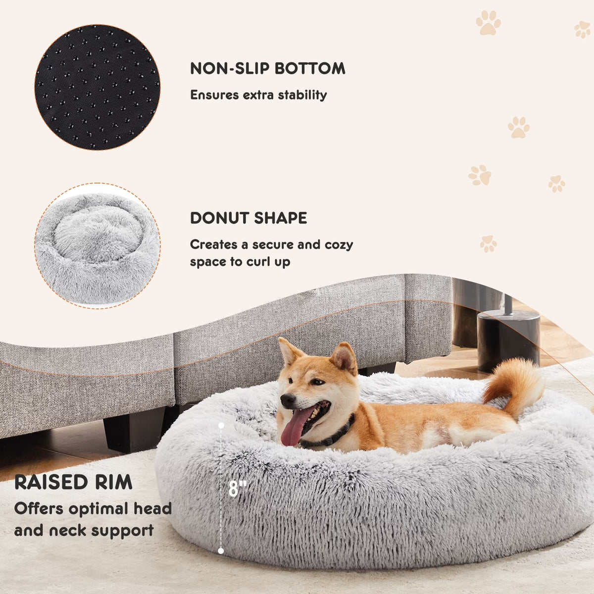 Calming Donut Dog & Cat Bed, 20 Inches round Fluffy Dog Beds for Medium Dogs, Anti-Anxiety Plush Dog Bed, Machine Washable Pet Bed, Gray