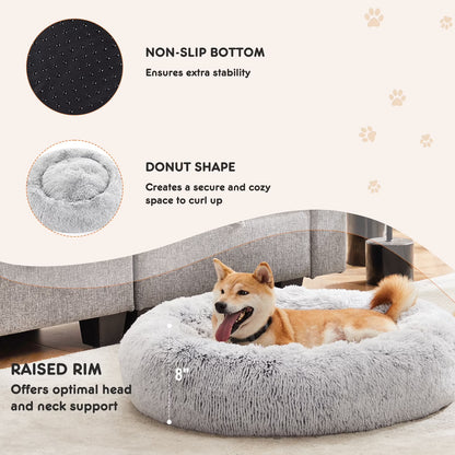 Calming Donut Dog & Cat Bed, 20 Inches round Fluffy Dog Beds for Medium Dogs, Anti-Anxiety Plush Dog Bed, Machine Washable Pet Bed, Gray
