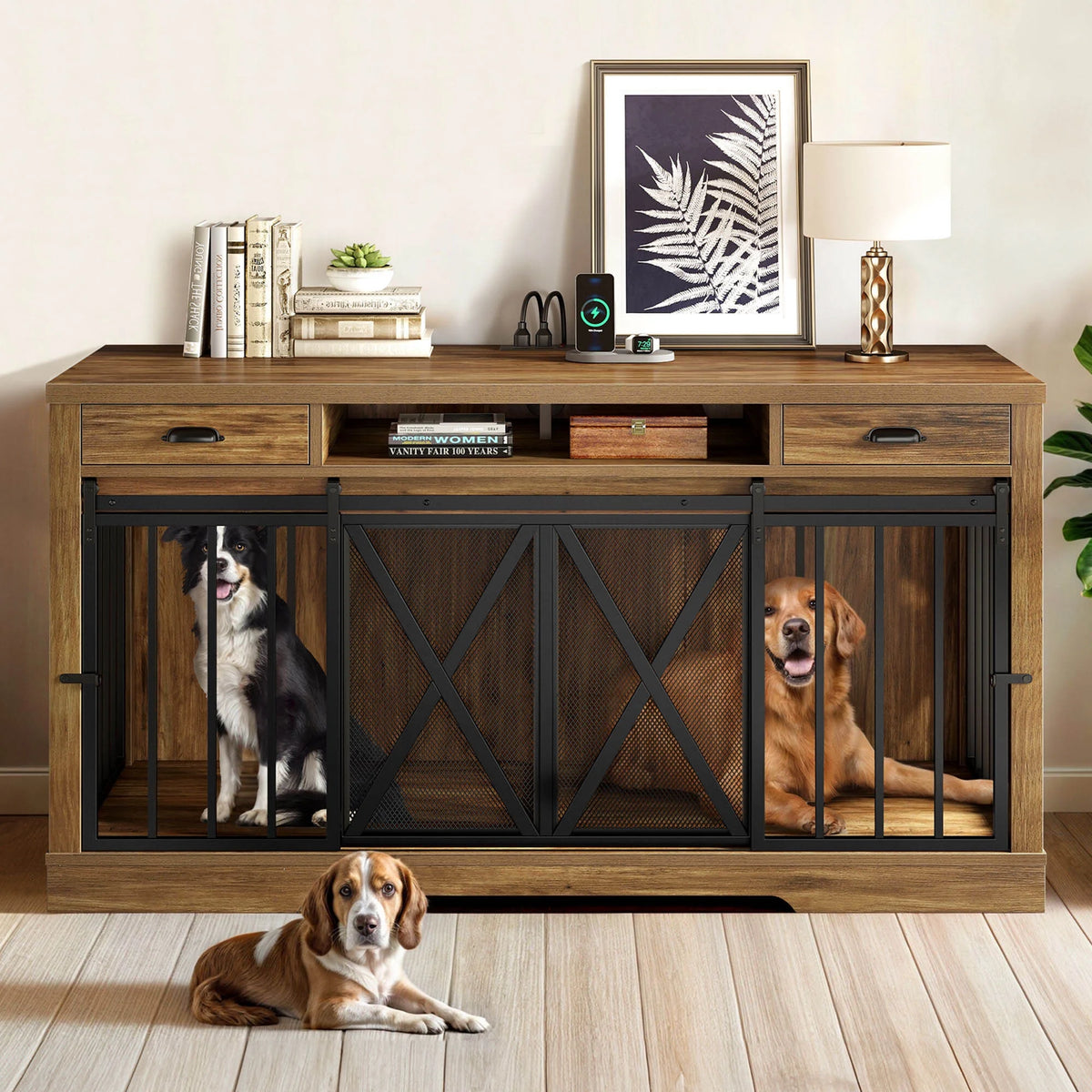 63-Inch Dog Crate Furniture,Tv Stand with Charging Station,Dog Kennel with Double Sliding Barn Door - Oak