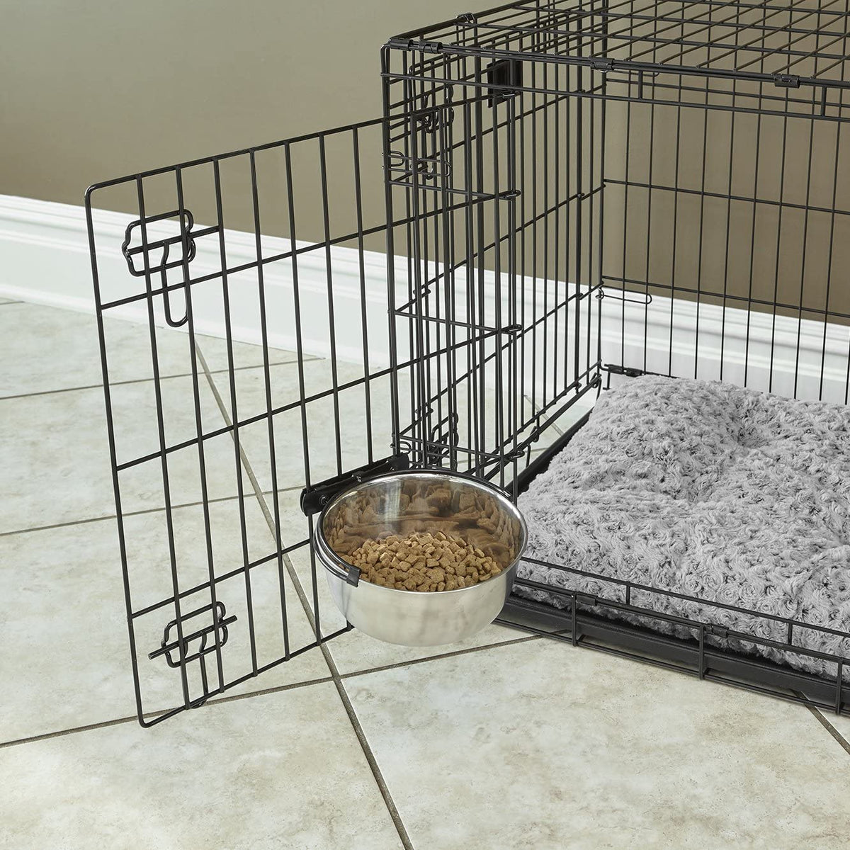 Snap'Y Fit Stainless Steel Food or Water Bowl, Holds 1 Quart, Mounts to Wire Crates, No-Tip Design, Rust-Resistant, for Dogs and Cats