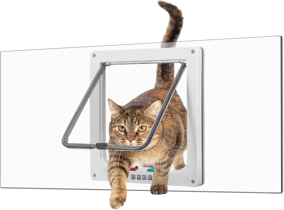Cat Door for Window, Fits 26"-36" Width Window, with 4 Locking Modes, Clear