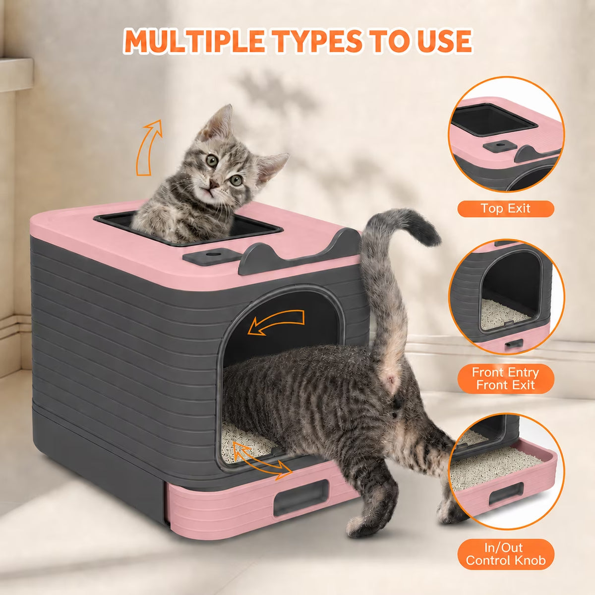Enclosed Cat Litter Box with Lid, Easy to Clean with Includes Scoop & 4 Charcoal Deodorizer Bags,Pink