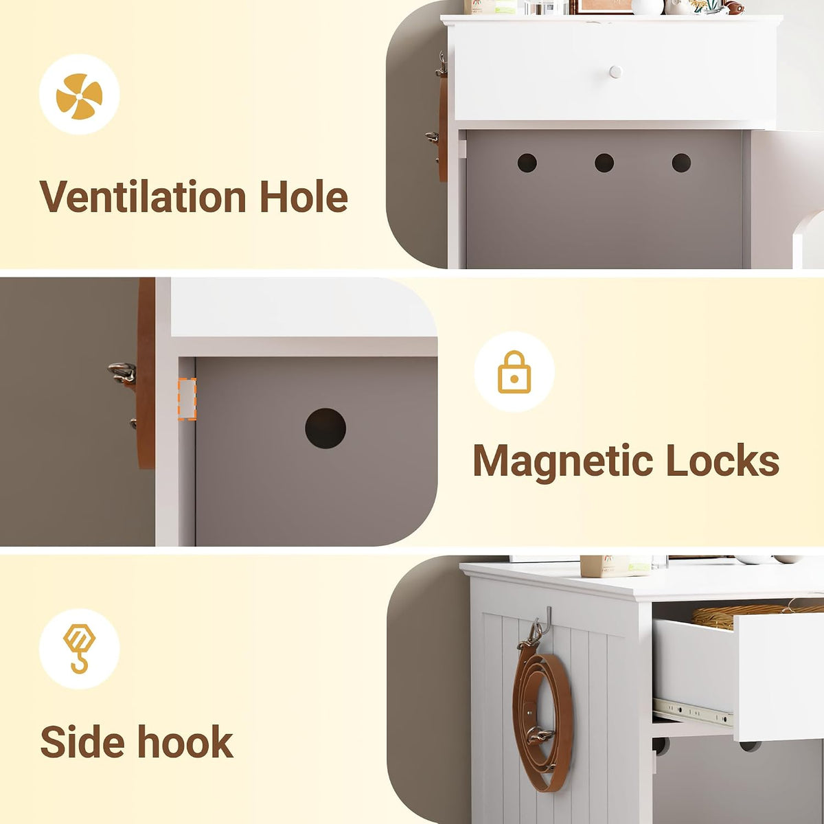 Litter Box Enclosure, Hidden Cat Litter Box Cabinet with Drawer, Wooden Pet Crate, Litter Box Furniture as Cat House, End Table, Fit Most of Litter Box (White)