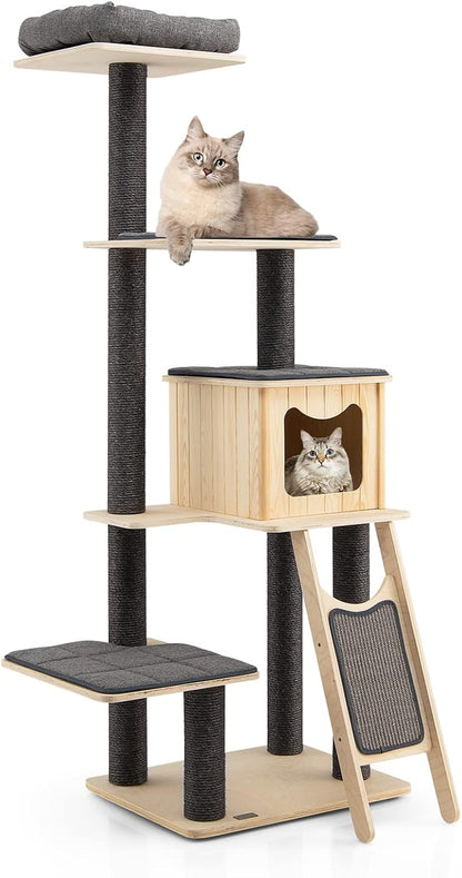69-Inch Tall Wooden Cat Tree Tower, Modern Cat Activity Center Tree with Sisal Scratching Posts & Board, Condo & Top Perch for Indoor Cats, Grey