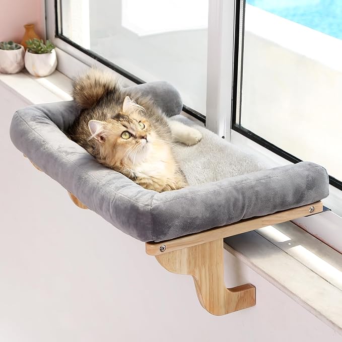 Cat Perch for Windowsill with Bolsters (Natural Wood/Gray, L)