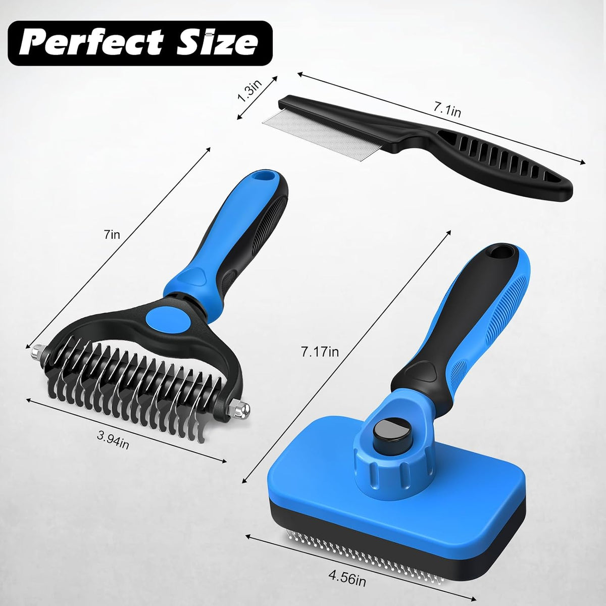 Professional 3PCS Self Cleaning Slicker Brush & Pet Grooming Rake & Flea Comb for Dogs,Cats and Horses | Double-Sided Dematting Comb & Skin Friendly Deshedding Grooming Tool | Pet Supplies (Blue)