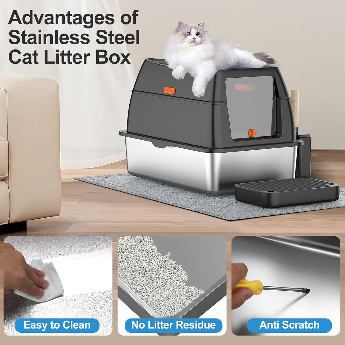 Extra Large Stainless Steel Litter Box with Lid, Easy-Clean Pan