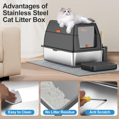 Extra Large Stainless Steel Litter Box with Lid, Easy-Clean Pan