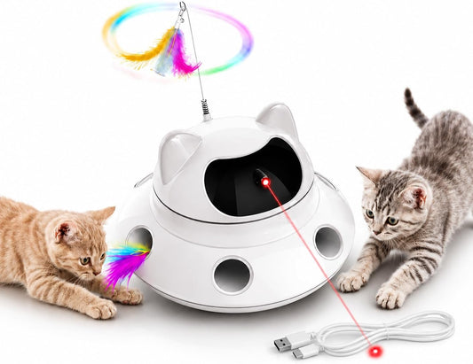 3-In-1 Auto Laser Cat Toy, USB Recharge Motion Activated Kitten Feather Chase Toy - Off-White