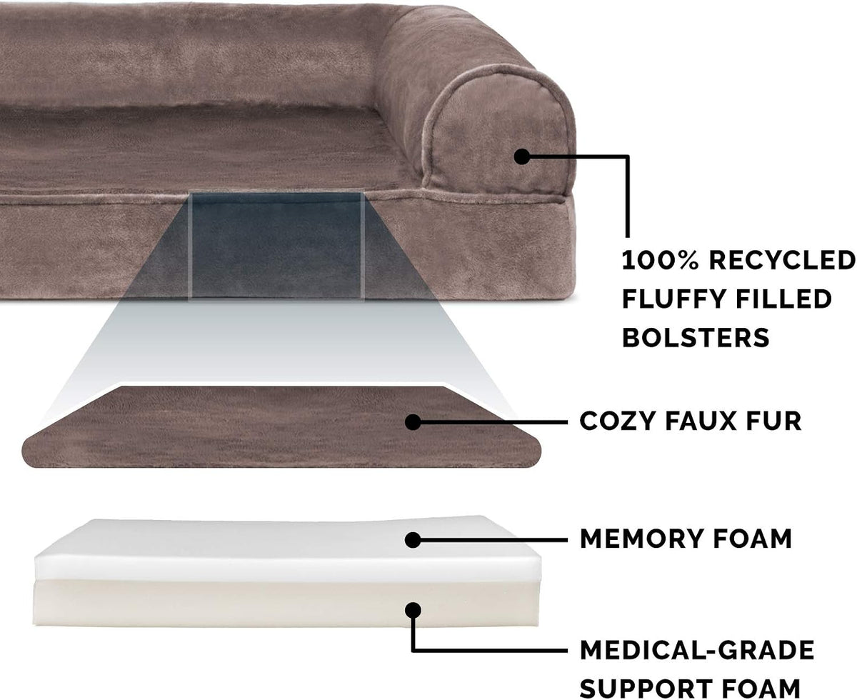Memory Foam Dog Bed for Medium/Small Dogs W/ Removable Bolsters & Washable Cover, for Dogs up to 35 Lbs - Faux Fur & Velvet Sofa - Driftwood Brown, Medium