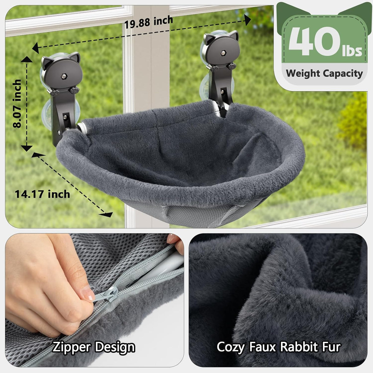 2 Pack Cat Window Perch Cordless, Kitty Hammock with Sunken Design Foldable & Stable Cat Beds- Breathable Window Hammock for Overlooking, Sunbathing and Climbing - Maximum Hold up to 40Lb