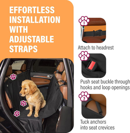 Waterproof Hammock Standard Car Seat Cover, Fits Sedans Hatchbacks Crossovers Coupes Compact Vehicles, Secure Convertible Travel Bed Protects Backseat Cargo from Dogs, Black W/Orange Trim