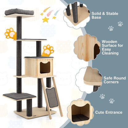 69-Inch Tall Wooden Cat Tree Tower, Modern Cat Activity Center Tree with Sisal Scratching Posts & Board, Condo & Top Perch for Indoor Cats, Grey
