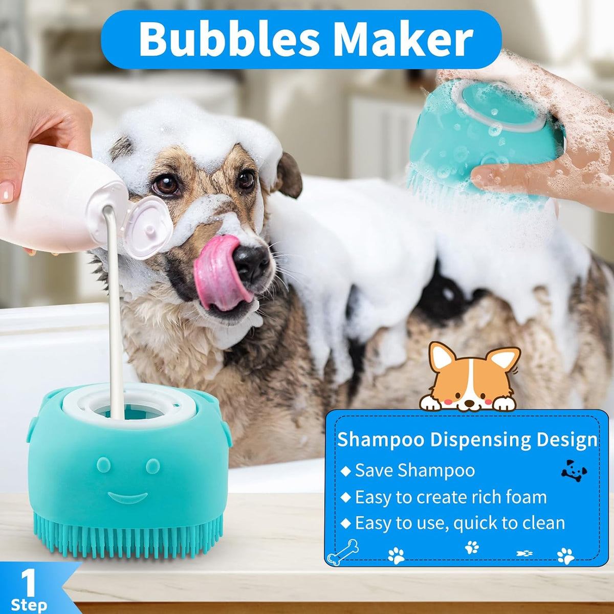 3-In-1 Dog Grooming Brush | Adjustable Handle Shampoo Brush & Scrubber for Short & Long Haired Dogs & Cats (Blue Blue White)