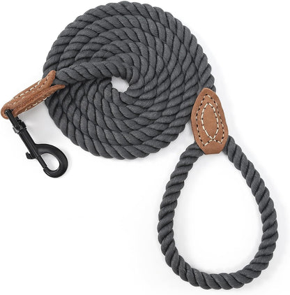 Dog Leash Braided Cotton Rope with Leather-Reinforced Ends