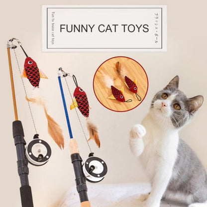 Cat Fishing Pole Toy, Retractable Wand Cat Toy with Reel, Cat Fishing Rod & Feather Toy, Interactive Cat Teaser Wand Toy for Indoor Cats Random Color 1PC