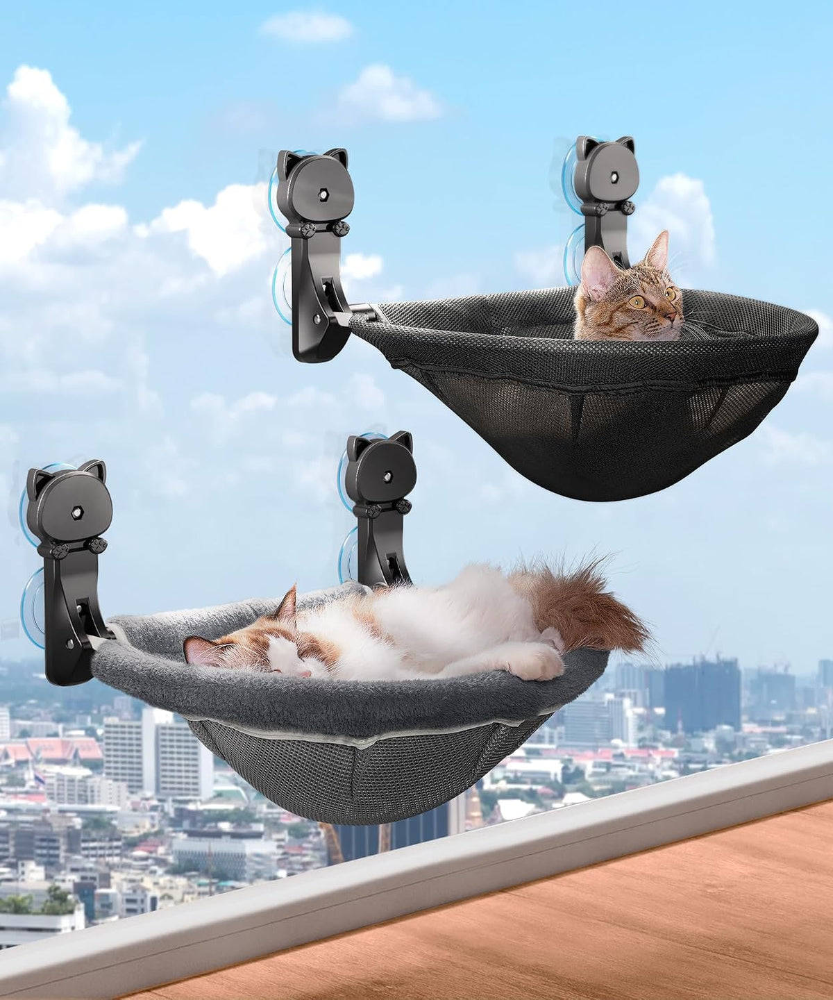 2 Pack Cat Window Perch Cordless, Kitty Hammock with Sunken Design Foldable & Stable Cat Beds- Breathable Window Hammock for Overlooking, Sunbathing and Climbing - Maximum Hold up to 40Lb