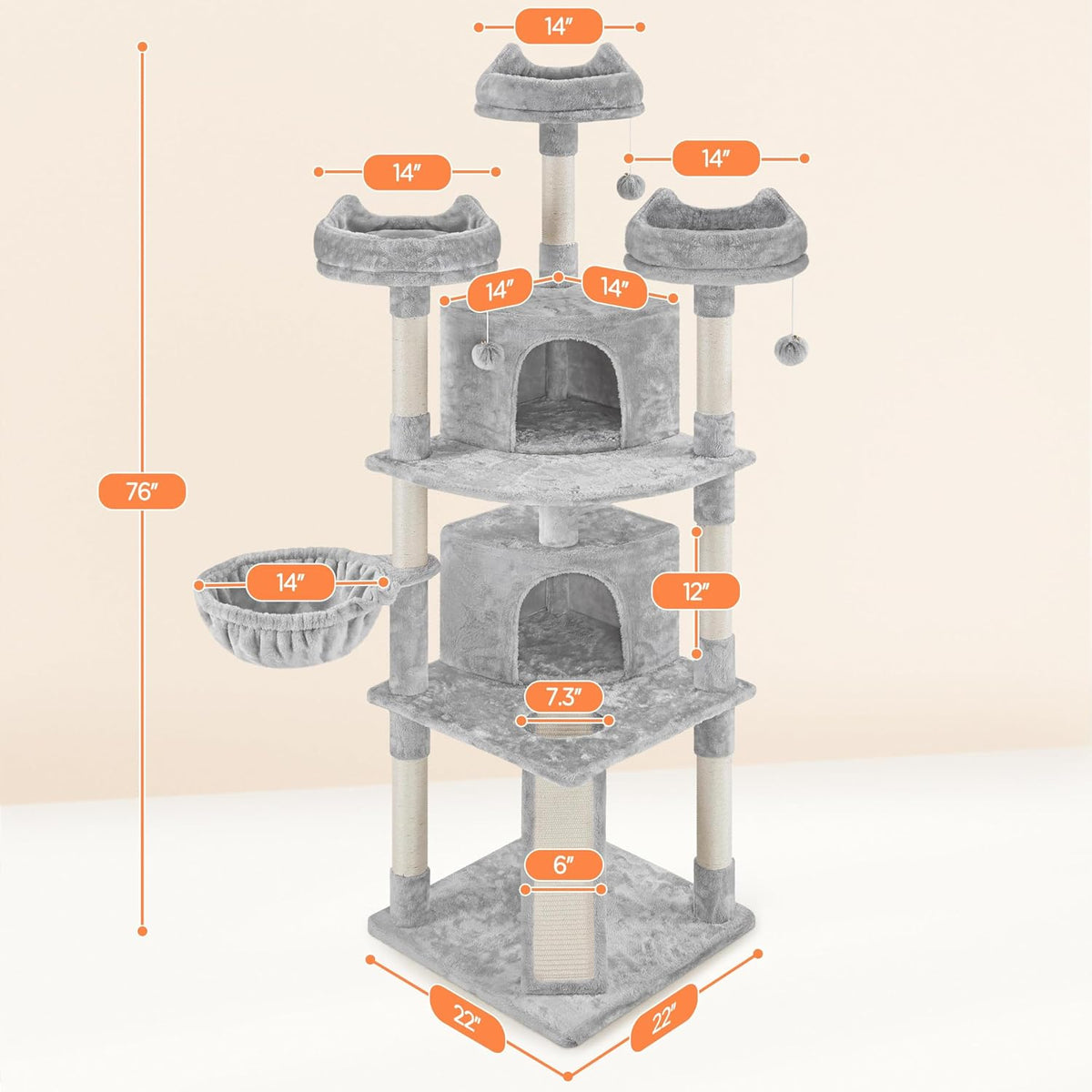 76In Large Cat Tree Tower, 2 Condos, Sisal Posts & Cat-Ear Perch