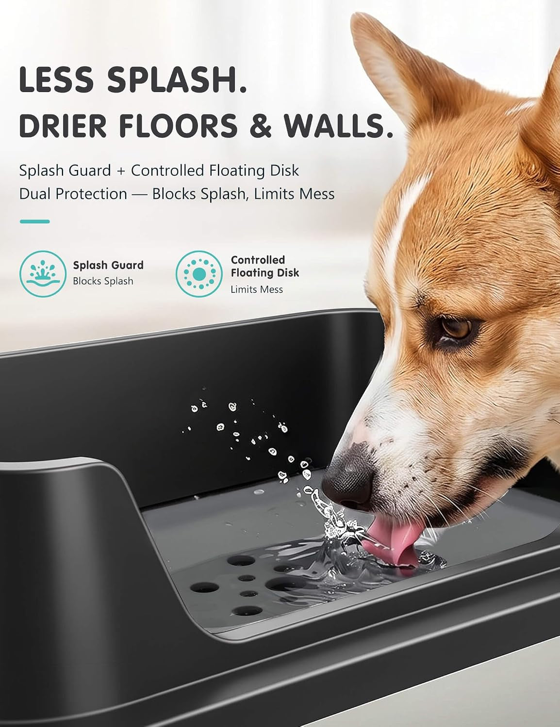 7L No Spill Dog Water Bowl with Splash Guard & Slow Drink Disk
