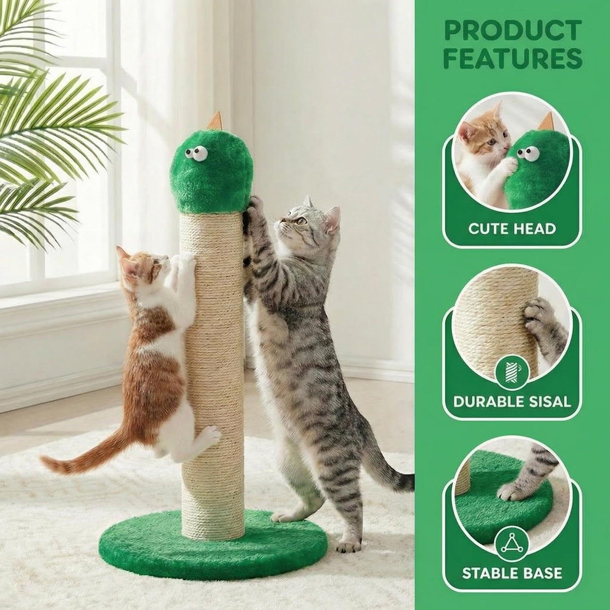 Cat Scratching Post 22'', Scratching Post with Extra Wide 12" Heavy Duty Base for Indoor Kitty, Scratching Post with Natural Sisal & Velvet Fabric for Small, Medium Cat, Green