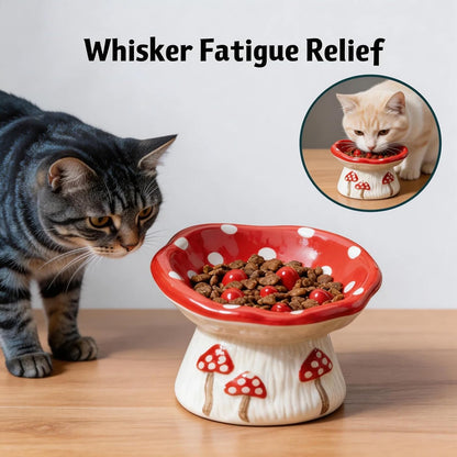 Cute Ceramic Elevated Slow Feeder Cat Bowl, Mushroom Design Non-Slip Pet Bowl for Cats & Small Dogs